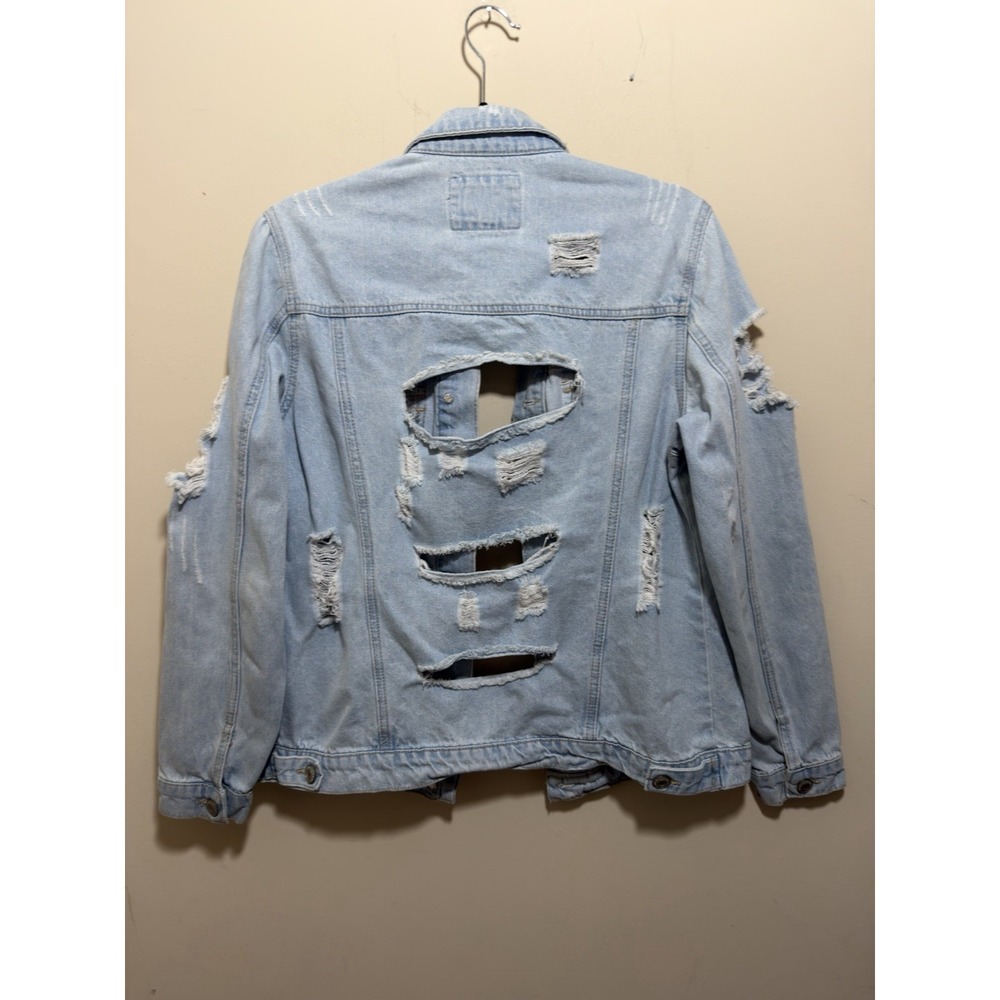 WAX JEAN Distressed Denim Jacket Light Wash Ripped Trucker Y2K Streetwear Small - Picture 2 of 7
